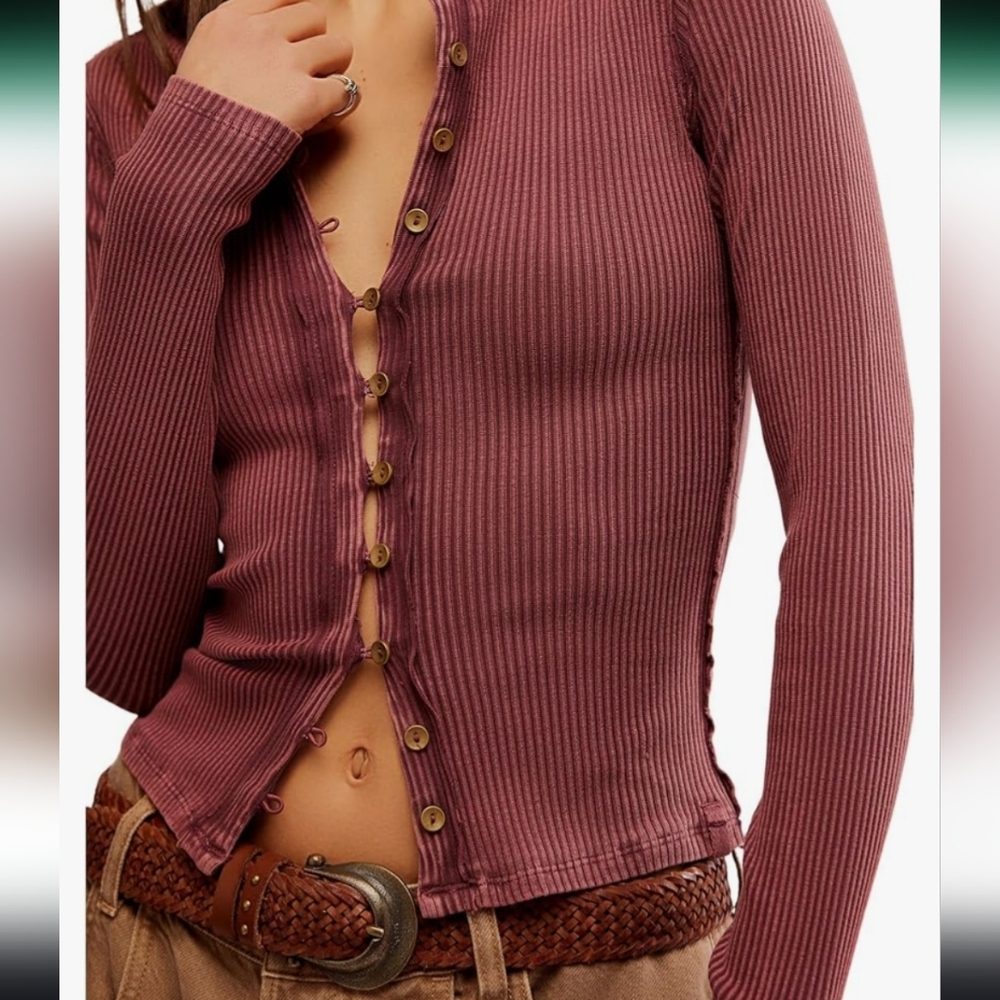 New Free People We The Free Ribbed Slim Cardigan Button Front Minimalist Y2K 90s - Picture 5 of 12